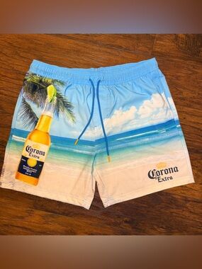 Corona Extra Men's Board Shorts Swim Trunks XL Beach Scene Palm Tree Logo